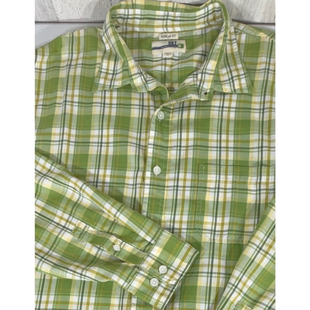BKE Button Down Shirt Size XL Green Plaid Regular Fit 100% Cotton